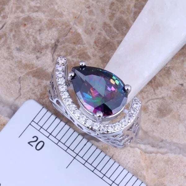 Rainbow Mystic CZ Jewelry Set with Earrings, Pendant, and Ring for Women