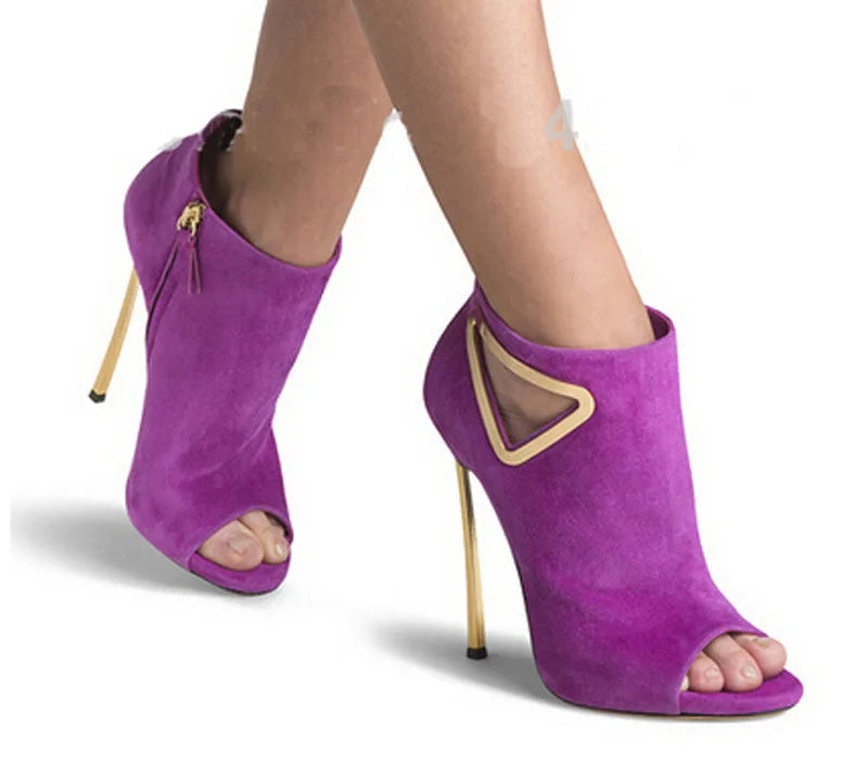 Purple Suede Peep Toe Cut Out Ankle Boots With Gold Heel for Women