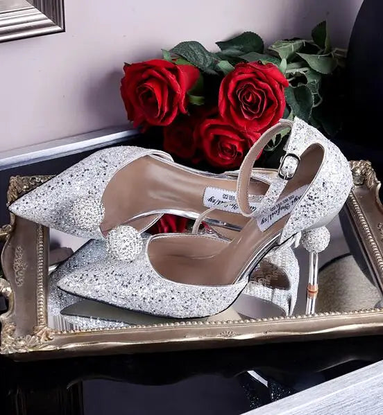 Bridal Crystal Ball Silver Pointed Toe Stiletto Heels For Women