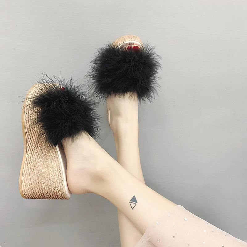 Plush Faux Fur Wedge Slide