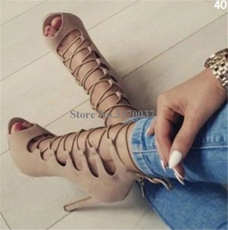 Lace Up Cross Strap Peep Toe Suede Leather Stiletto Pumps for Women