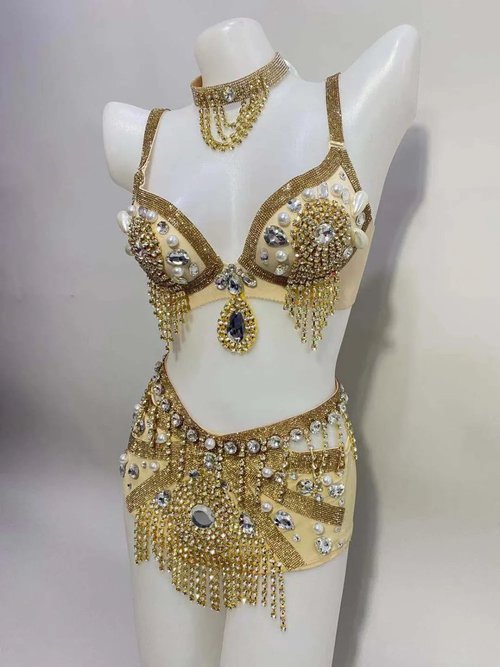 Gold Rhinestone Belly Dance Bikini Costume for Women