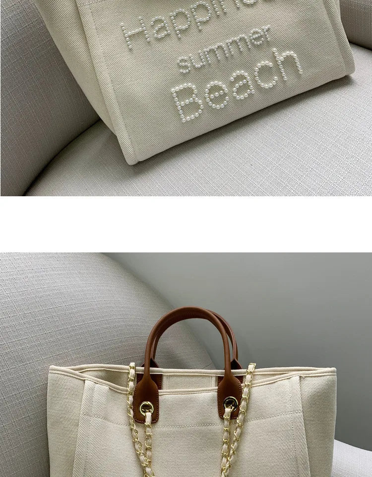 New Women Tote Bag Fashion Canvas Large Handbag Chains Genuine Leather Shoulder Bags Ladies Big Messenger Bag Shopping Bag