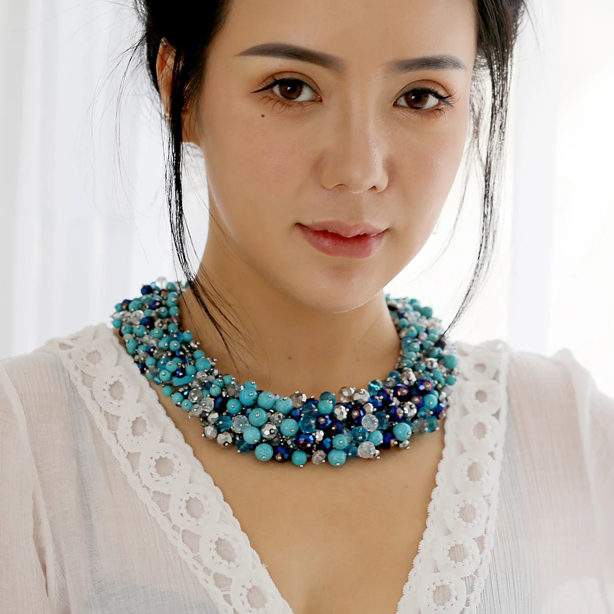Double Layer Turquoise Bead Statement Necklace for Women