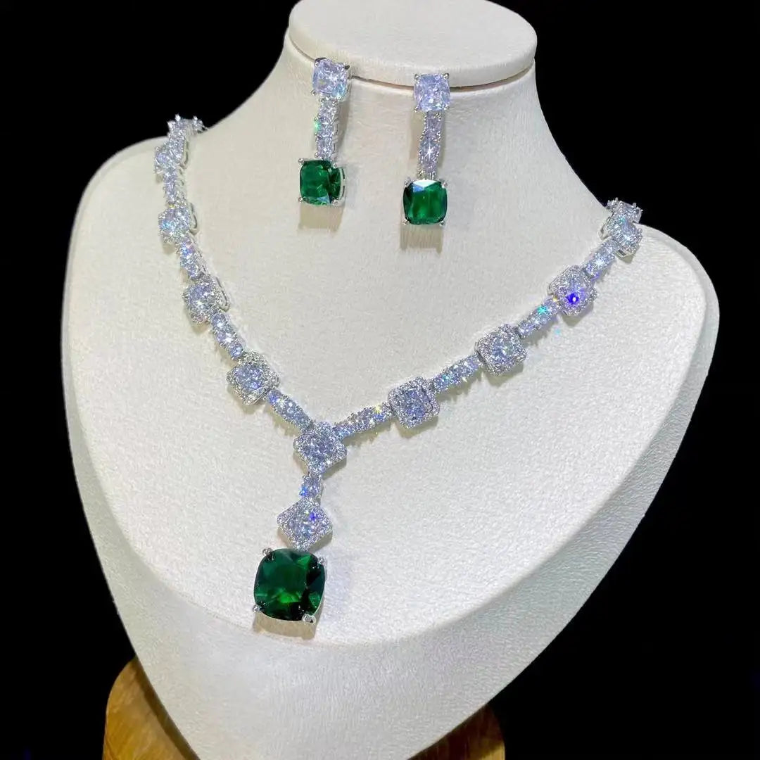 Square Rhinestone Bright Yellow Green Drop Earring Necklace Set For Women