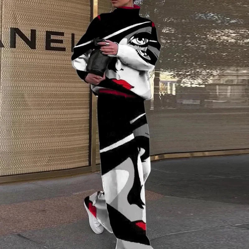 Women Casual Loose Printing Elastic Waist Suits Turtleneck Wide Leg Pants Ladies Outfit Patchwork Sportswear Loungewear Set