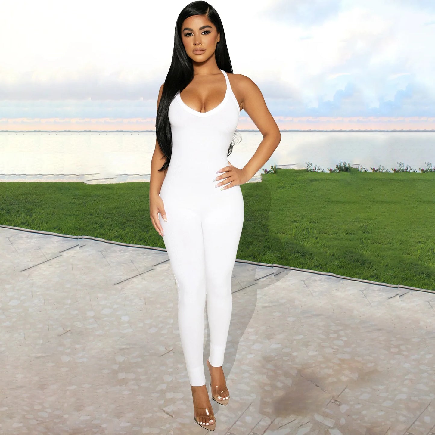 Sleeveless V Neck Criss Cross Back Jumpsuit For Women