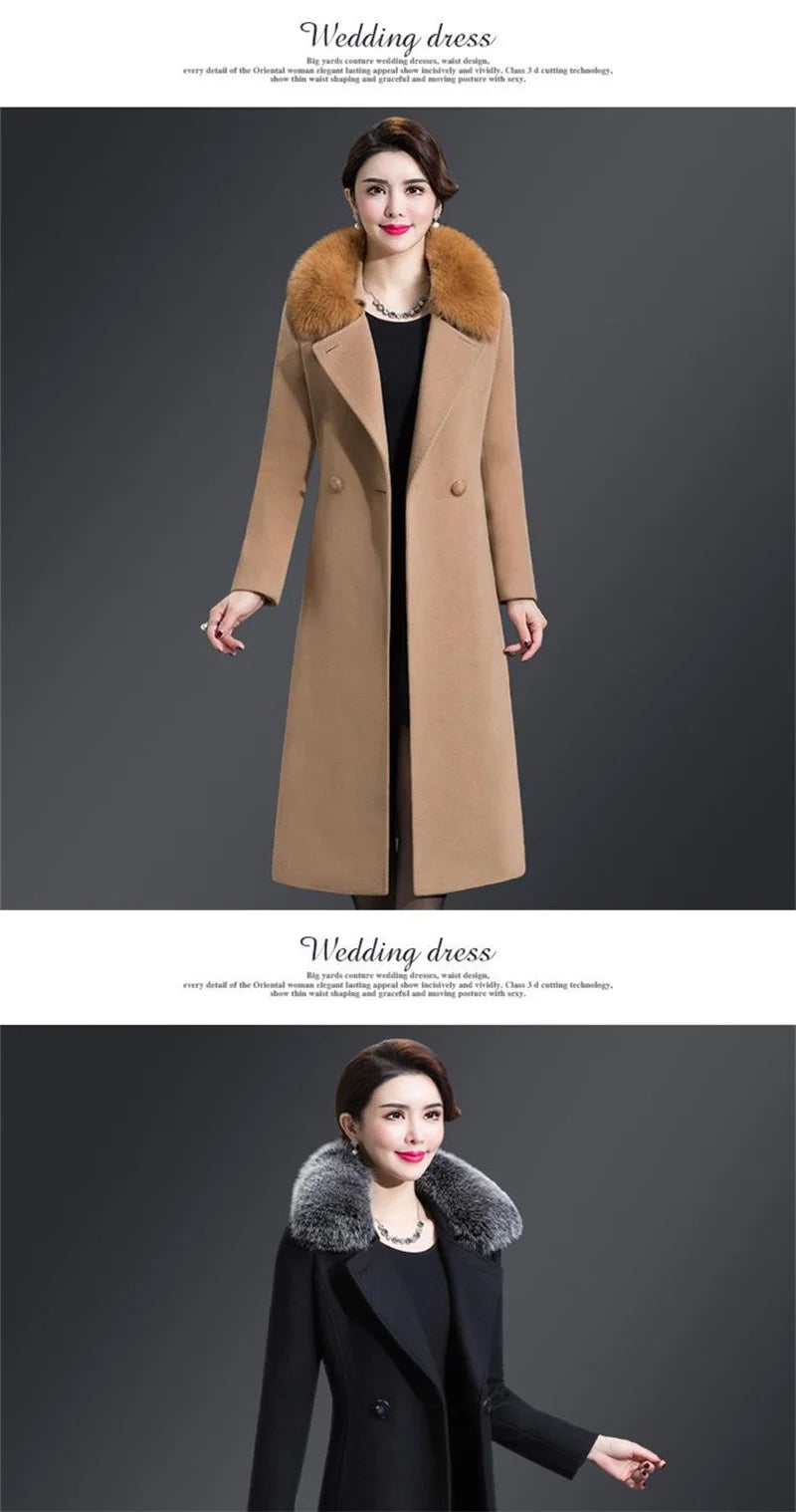 High Quality Big Fur Collar Woolen Coat Women Belt Knee-Length Double Breasted Mid-Long Woolen Jacket For Autumn Winter Outcoat
