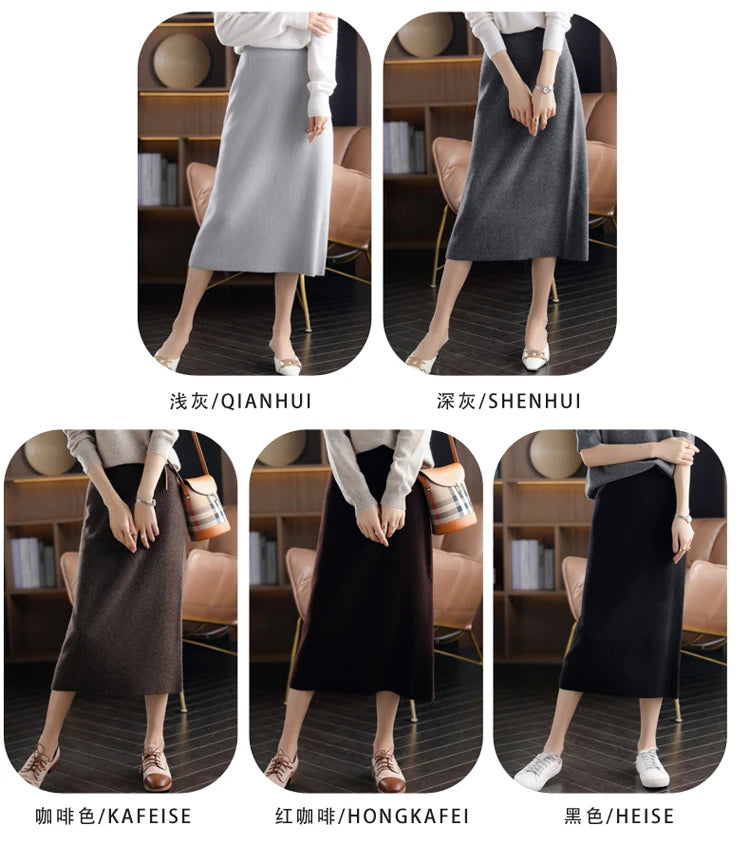 Pure Wool High Waist Knit A-Line Midi Skirt for Women