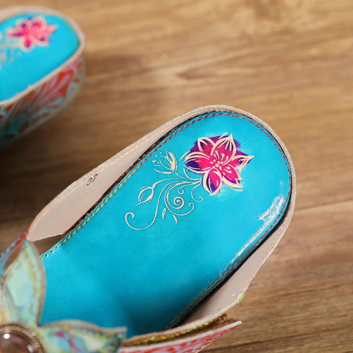 Hand Painted Genuine Leather Outdoor Summer Slides for Women