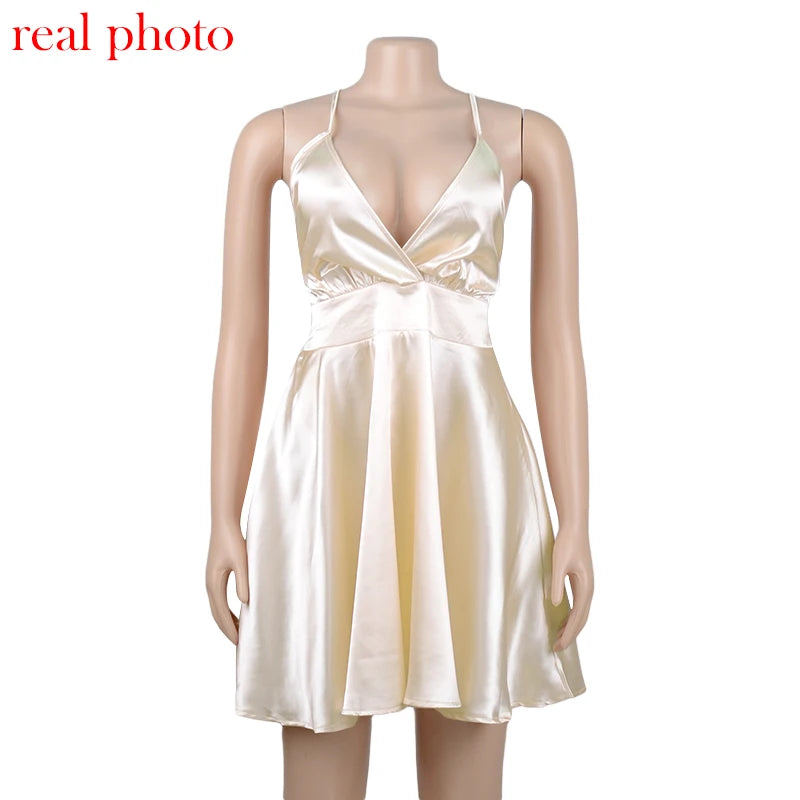 Cryptographic Satin Sexy Backless Sleeveless Party Night Club Wrap Mini Dresses Spaghetti Straps Elegant Dress Solid Vestidos