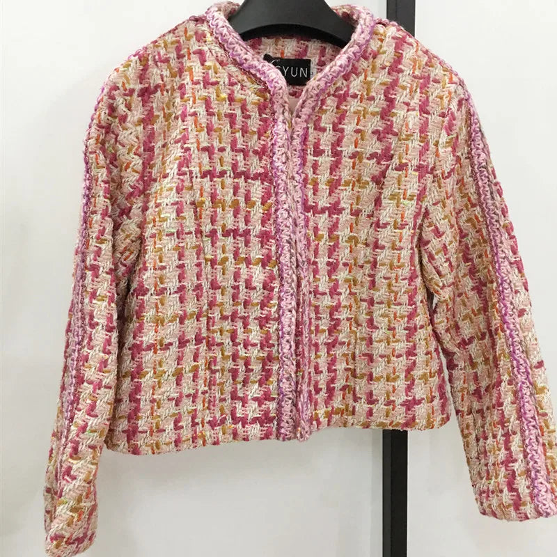 Pink O-Neck Cotton Single Breasted Jacket With Buttons And Rivets For Women
