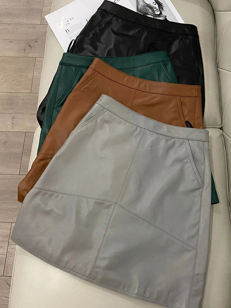 Woman Skirts Elegant 2025 New Fashion Korean Style Genuine Real Leather Skirts High Waist Mini Skirt Womens