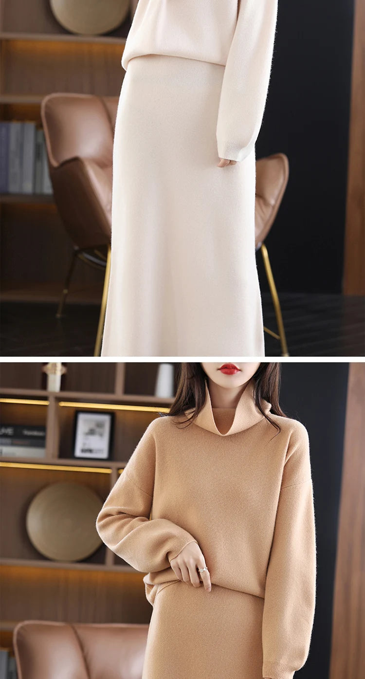 Wool Cashmere Knit Sweater and Skirt Two Piece Set for Women