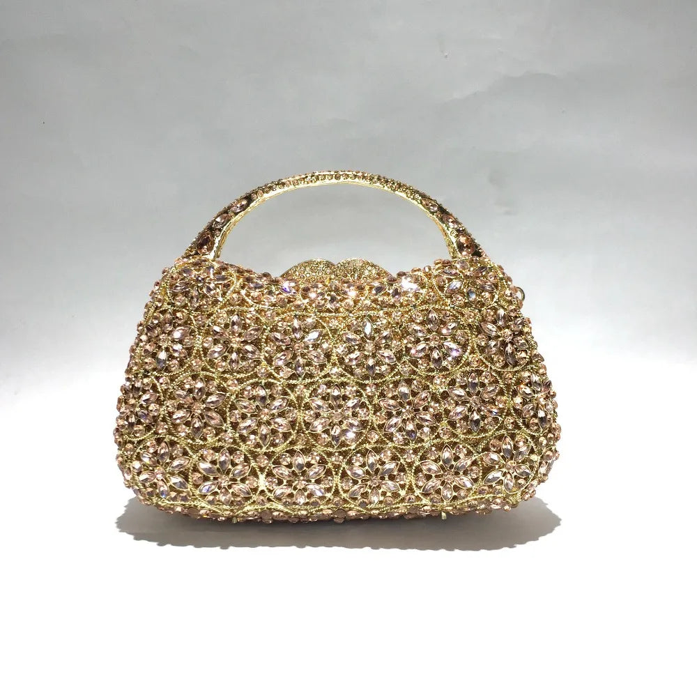 Women Champagne/Blue Color Stone Evening Bags Purses and Handbags Wedding Party Dinner Crystal Flower Clutch Bags Minaudiere Bag