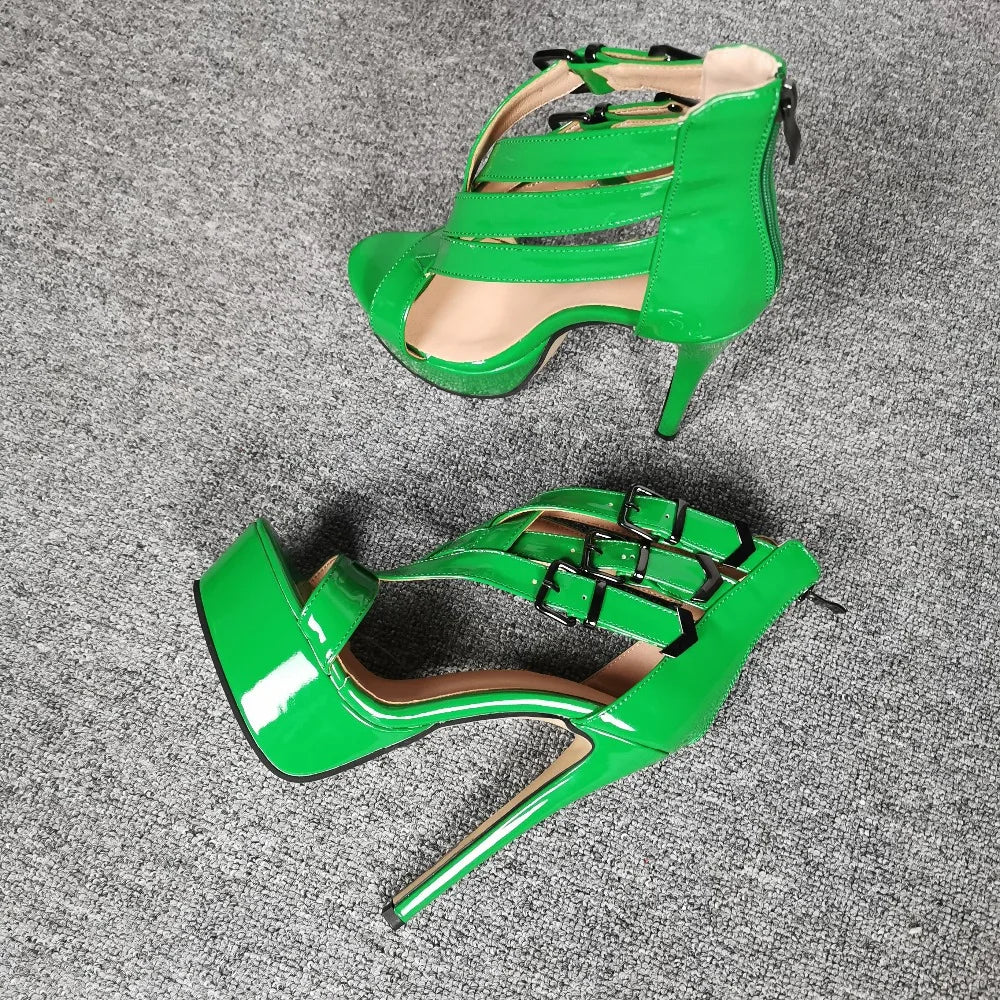 Green Patent Leather High Heel Strappy Sandals With Buckle for Women