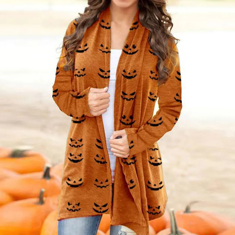 Skull Pumpkin Print Open Front Long Cardigan for Women