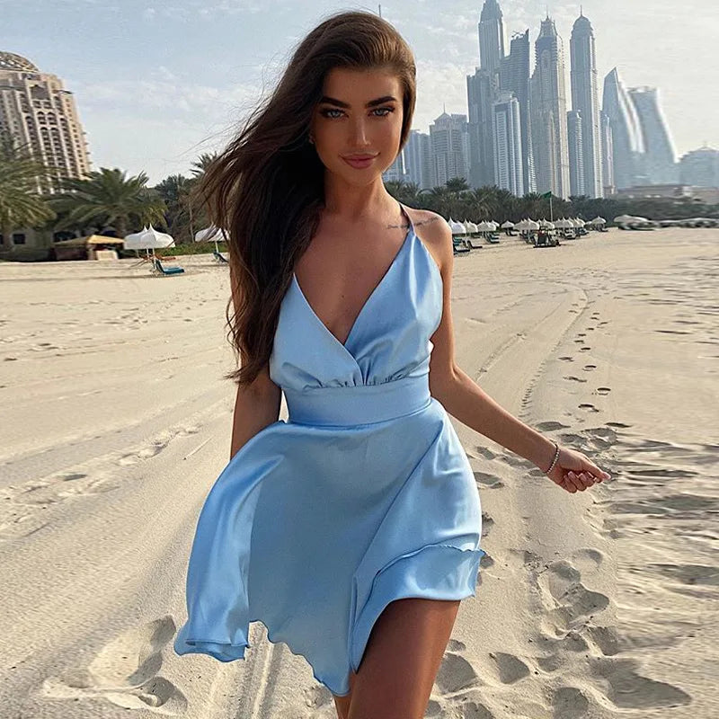 Cryptographic Satin Sexy Backless Sleeveless Party Night Club Wrap Mini Dresses Spaghetti Straps Elegant Dress Solid Vestidos