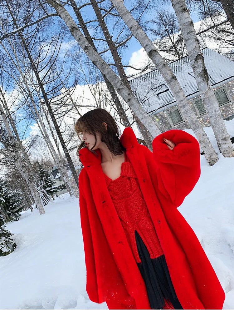 Soft Warm Fluffy Oversized Red Raglan Long Faux Fur Coat for Women