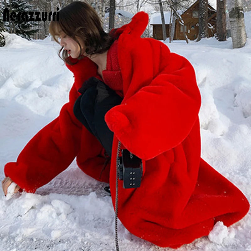 Soft Warm Fluffy Oversized Red Raglan Long Faux Fur Coat for Women