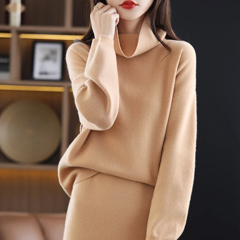Wool Cashmere Knit Sweater and Skirt Two Piece Set for Women