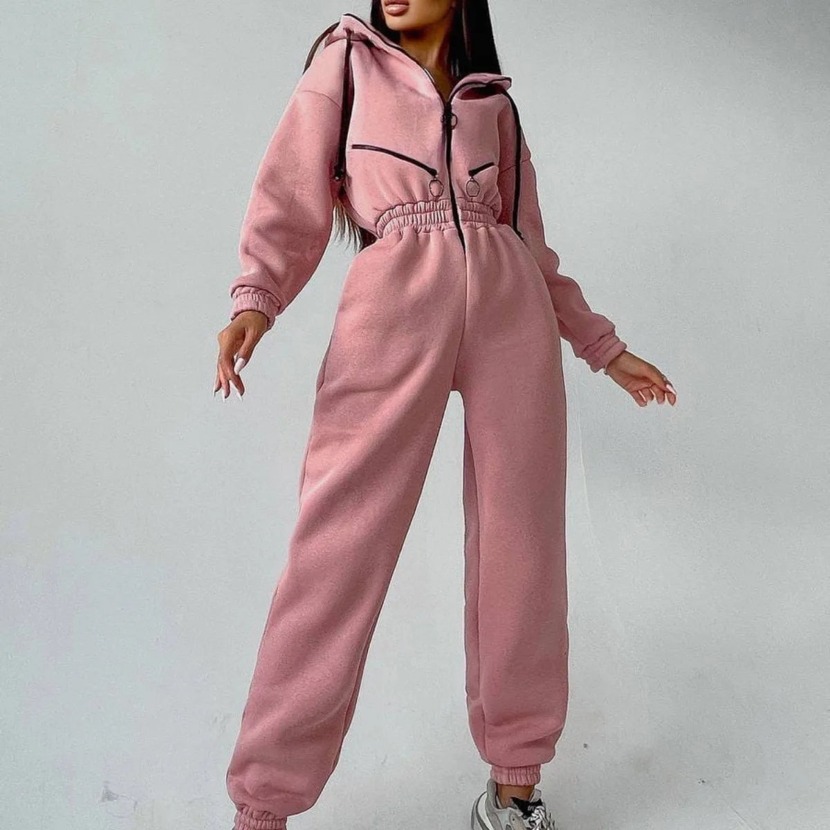 Casual Long Sleeve Hooded Jumpsuit With Pockets for Women