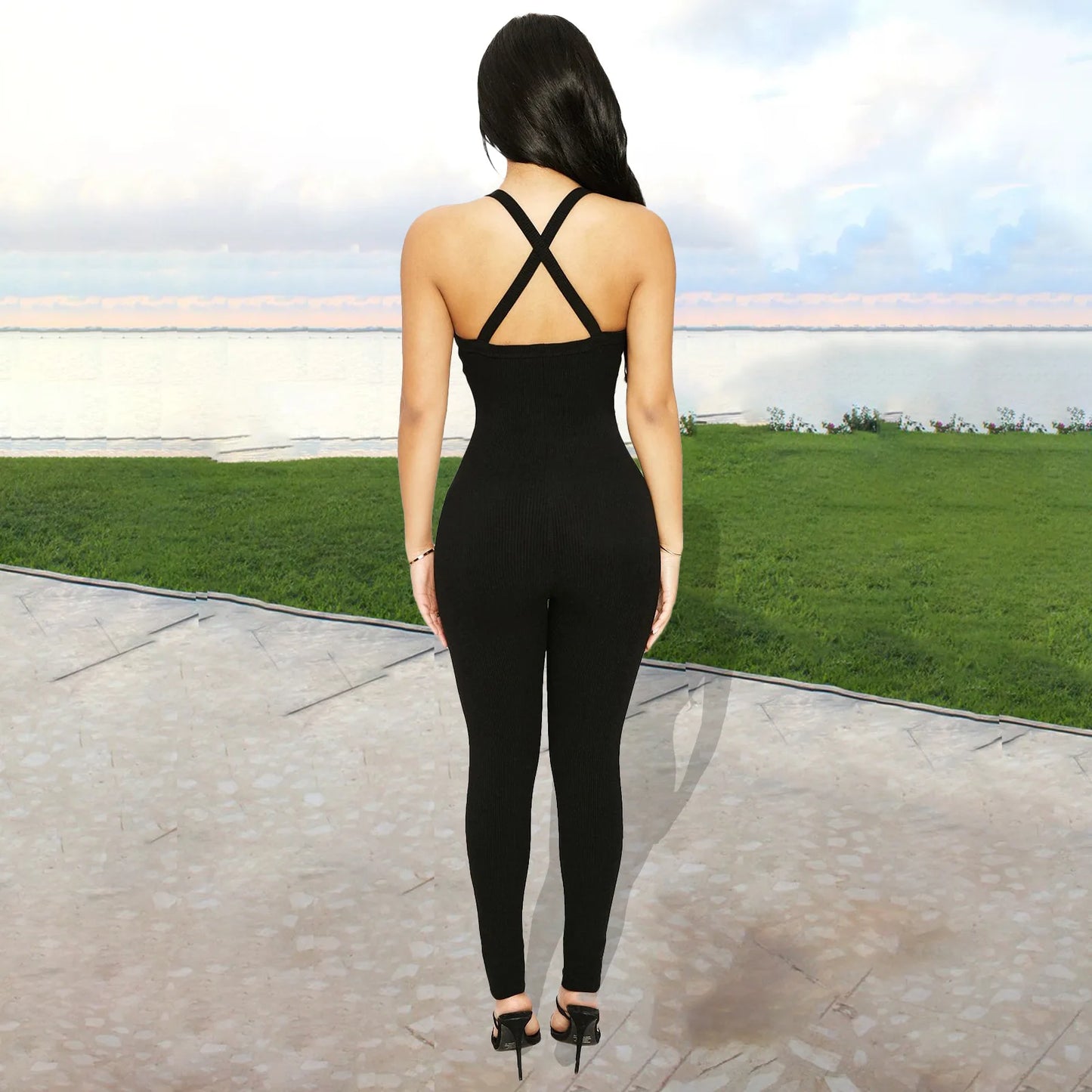 Sleeveless V Neck Criss Cross Back Jumpsuit For Women