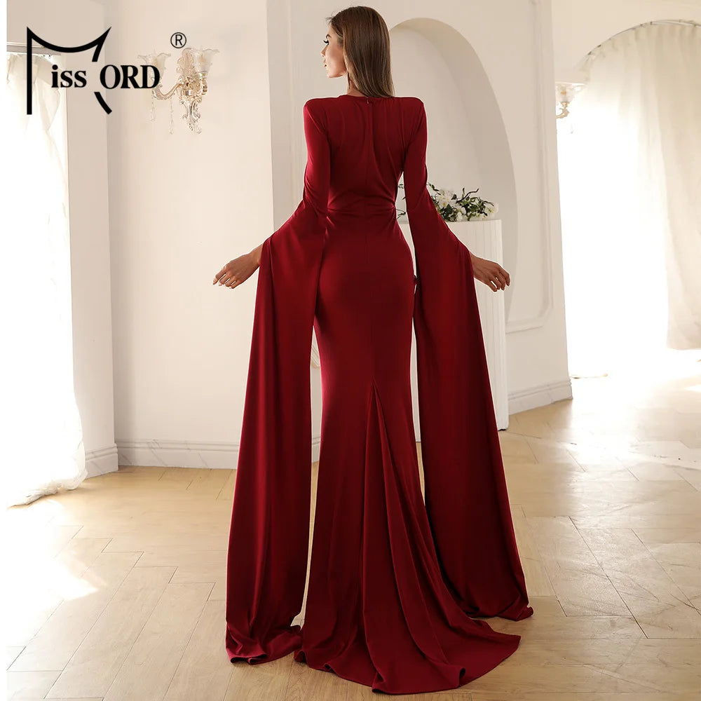 Missord Black Wedding Party Dresses Elegant Women Split Long Sleeve Hollow Out Bodycon Floor Length Evening Dress Lady Maxi Gown