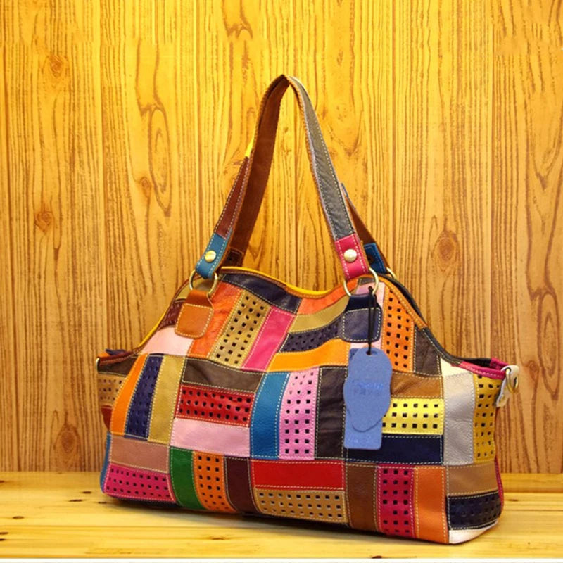 Patchwork Genuine Leather Shoulder Tote Bag for Women