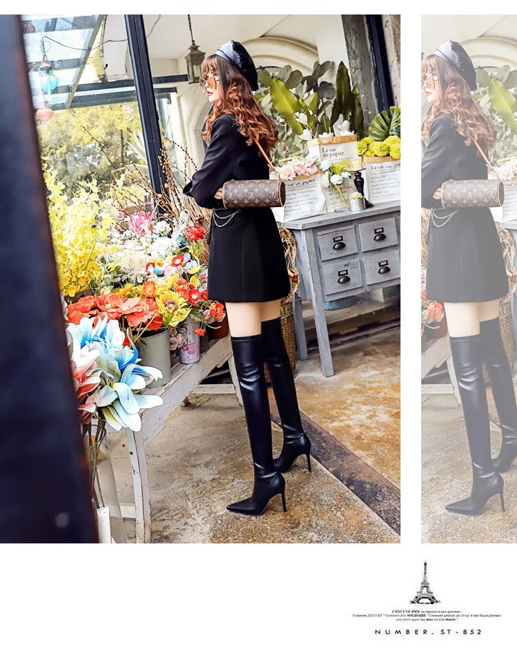 Black Leather Stiletto Over The Knee Boots for Women