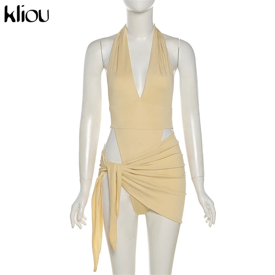 Deep V Neck Backless Halter Two Piece Skirt Set for Women