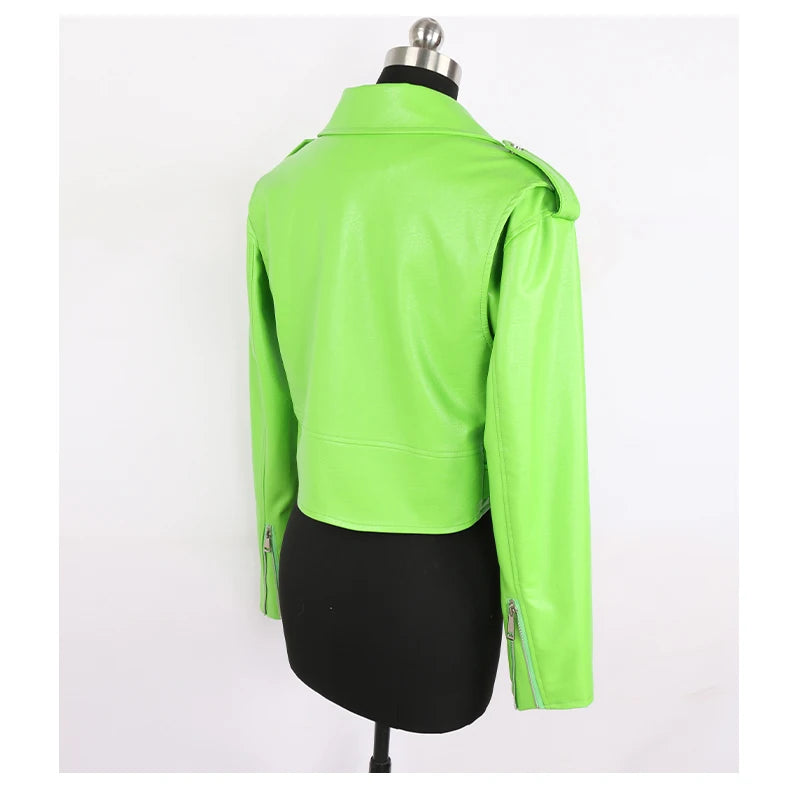 Faux Leather Short Biker Jacket with Zipper and Epaulets for Women