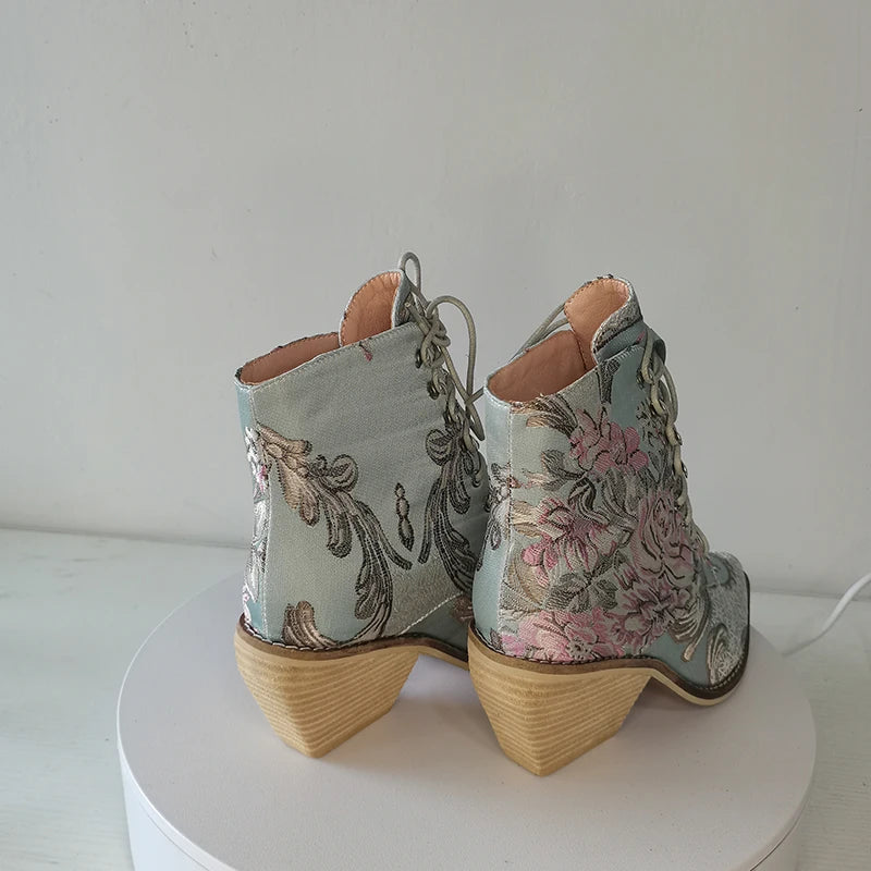 Blue Embroidered Flower Chinese Style Ankle Boots For Women