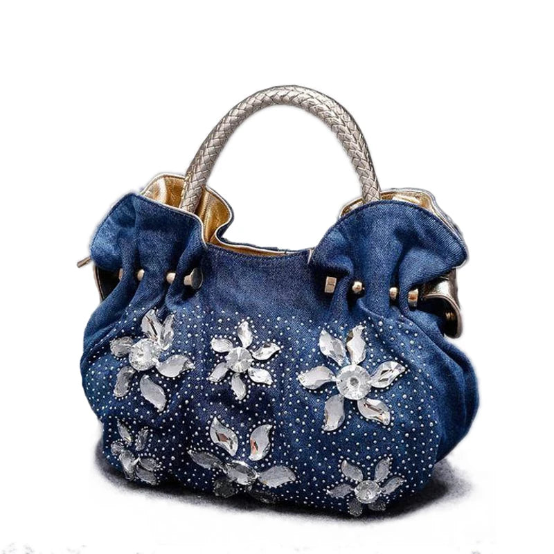 Vintage Rhinestone Denim Shoulder Handbag for Women
