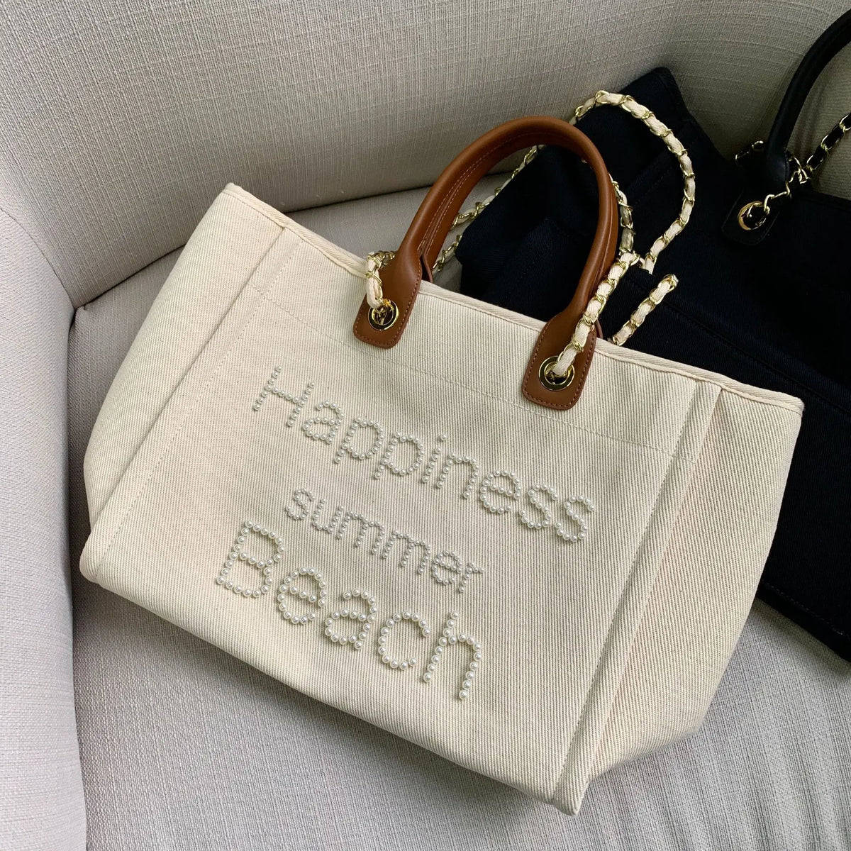 New Women Tote Bag Fashion Canvas Large Handbag Chains Genuine Leather Shoulder Bags Ladies Big Messenger Bag Shopping Bag