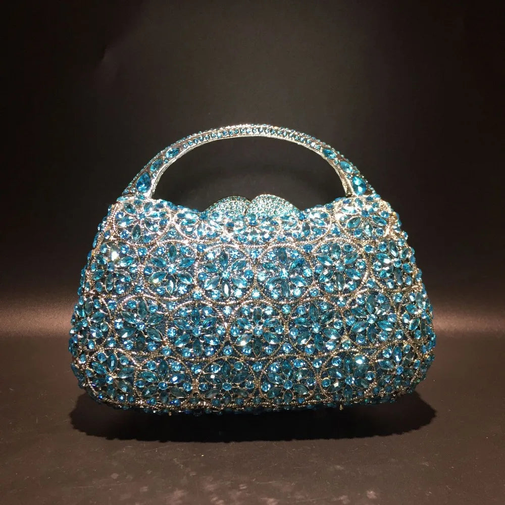 Women Champagne/Blue Color Stone Evening Bags Purses and Handbags Wedding Party Dinner Crystal Flower Clutch Bags Minaudiere Bag
