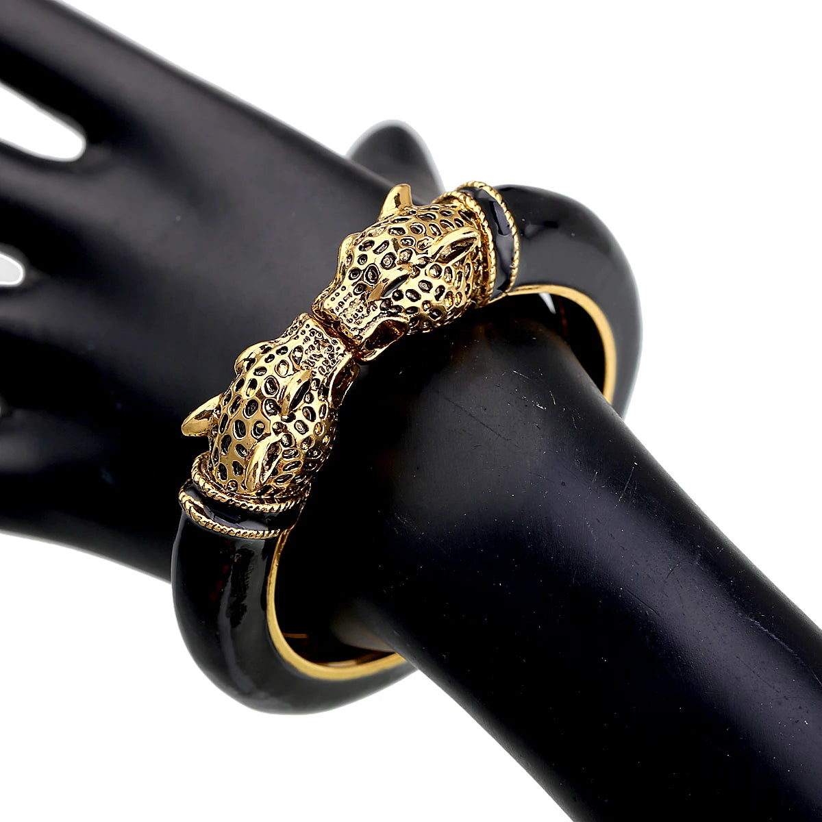Double Leopard Head Enamel Cuff Bracelet for Women