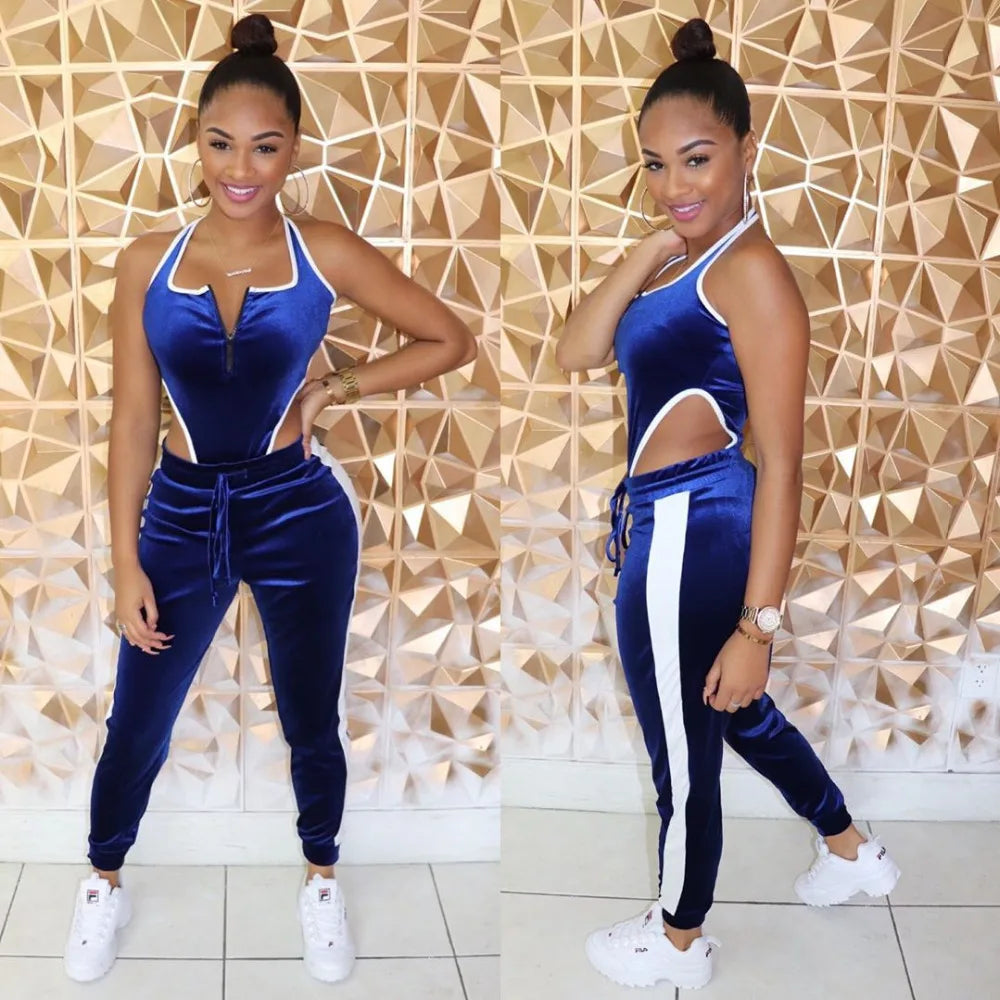 Velvet V-Neck Two Piece Top and Pants Set for Women