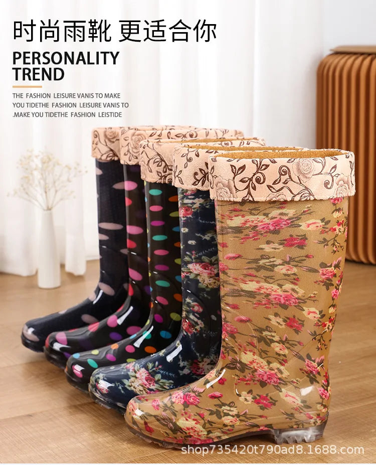 Warm Floral Platform Rain Boots