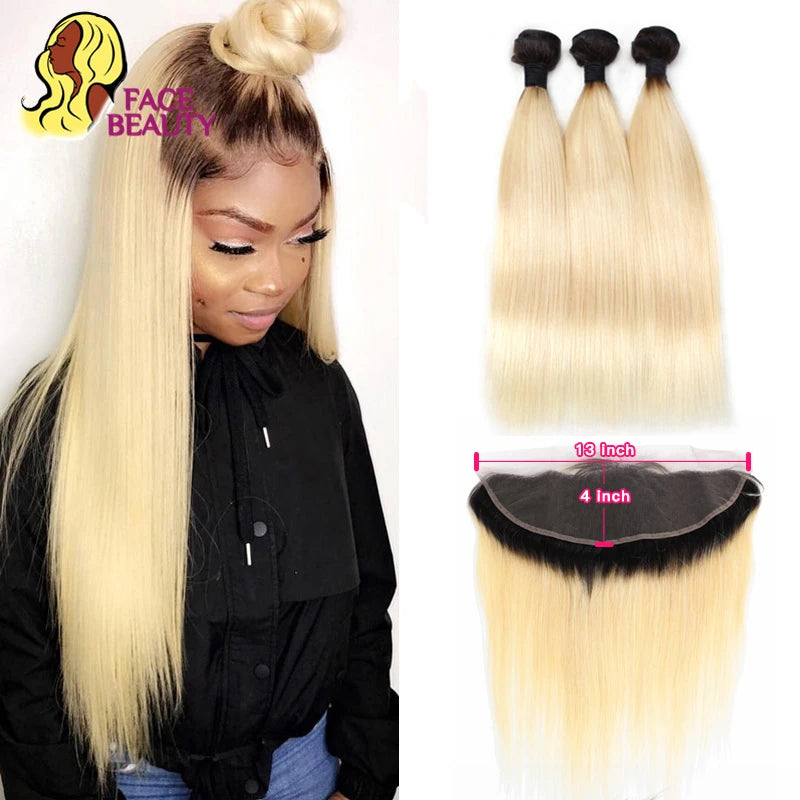 Dark Root Blonde Ombre Straight Hair Bundles With Lace Frontal For Women