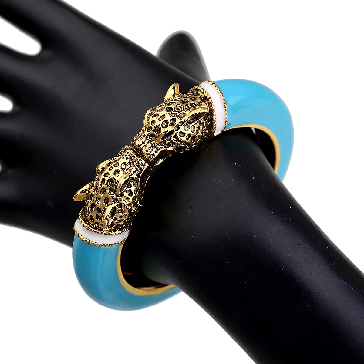 Double Leopard Head Enamel Cuff Bracelet for Women