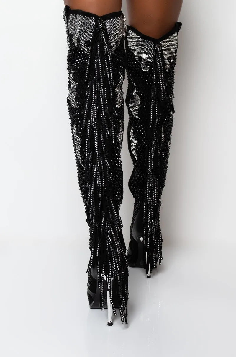 Embellished Rhinestone Over The Knee Boots For Women