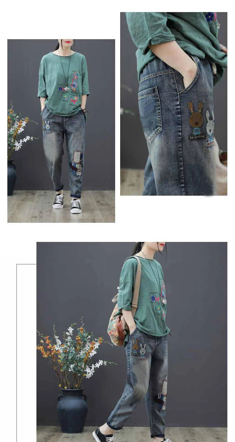 Jeans Woman High Waist Spring Summer Retro Embroidery Denim Trousers Ladies Elastic Waist Harem Pants Loose Jean Femme Pant 124