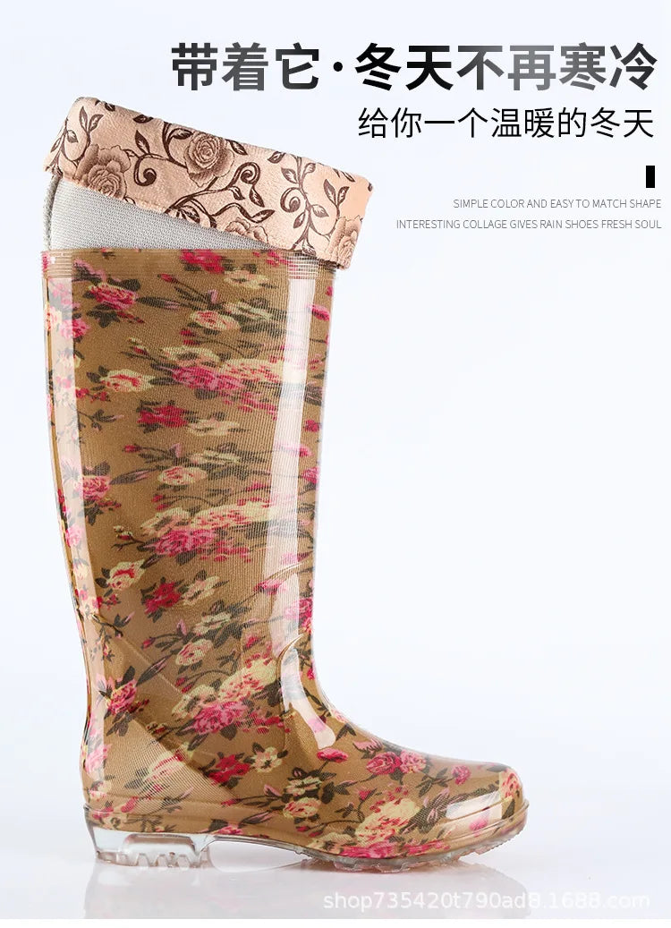 Warm Floral Platform Rain Boots