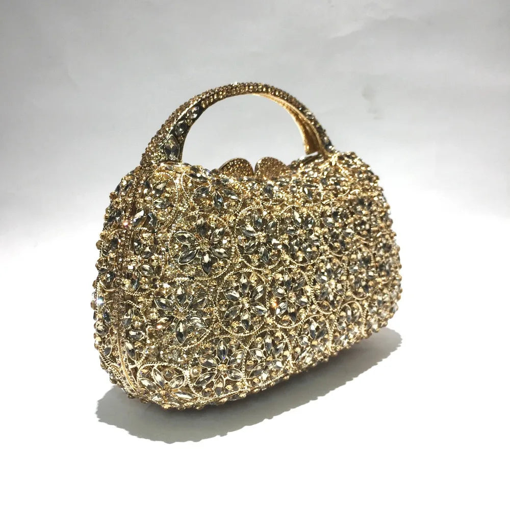 Women Champagne/Blue Color Stone Evening Bags Purses and Handbags Wedding Party Dinner Crystal Flower Clutch Bags Minaudiere Bag