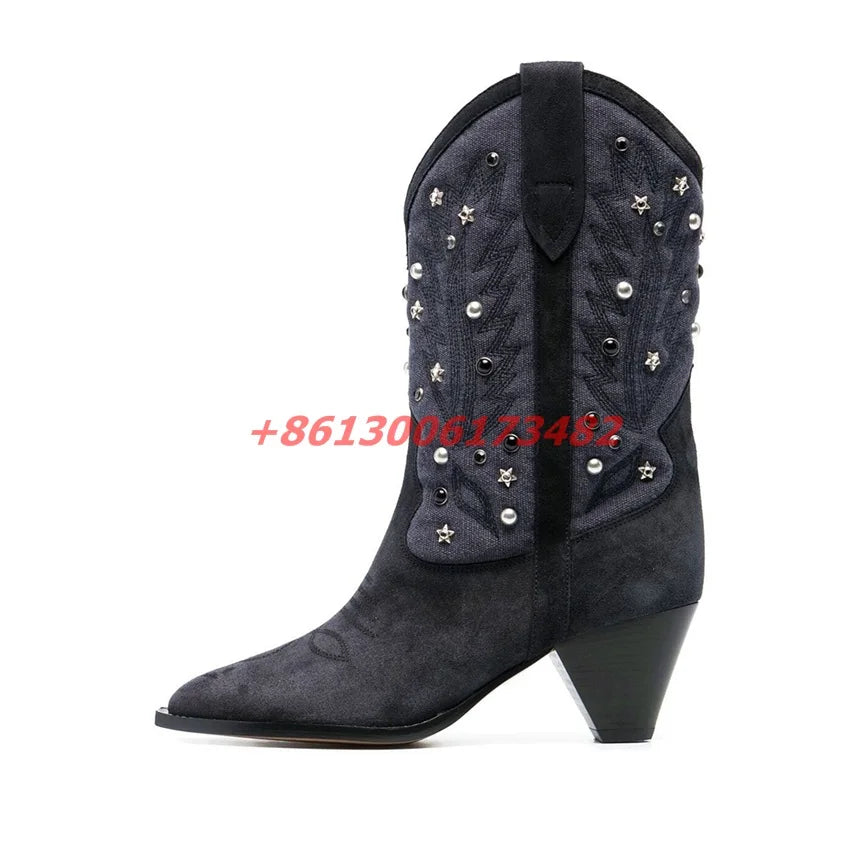 Handcrafted Crystal Beaded Punk Style Ankle Boots For Women