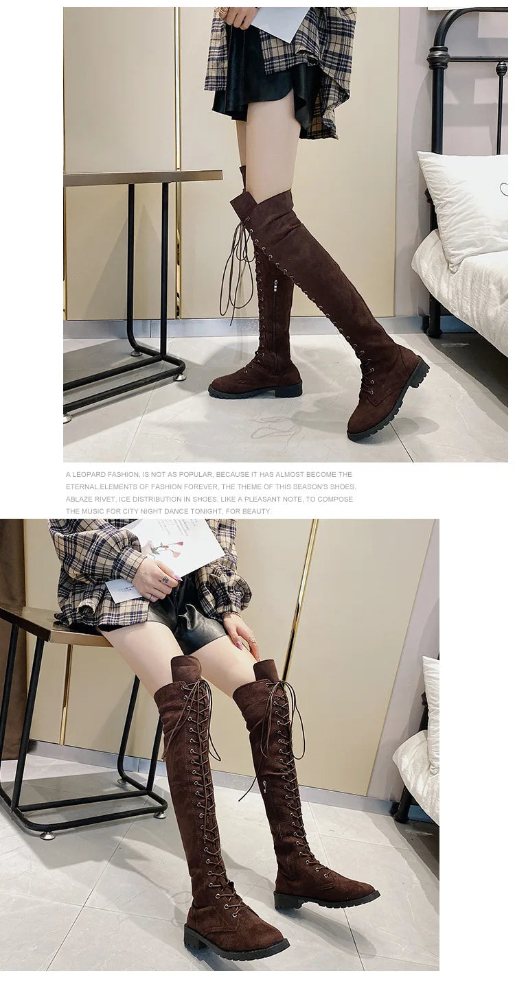 Lace Up Low Heel Winter Over The Knee Boots for Women
