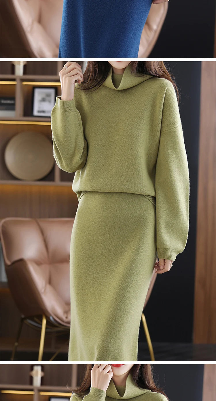 Wool Cashmere Knit Sweater and Skirt Two Piece Set for Women