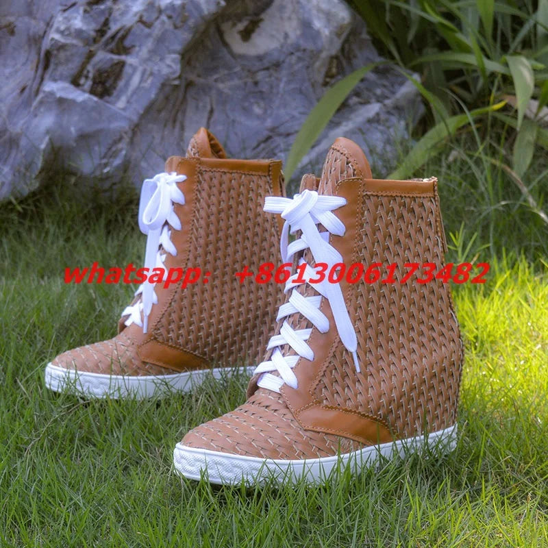 Breathable Brown Woven Lace Up Ankle Boots For Women