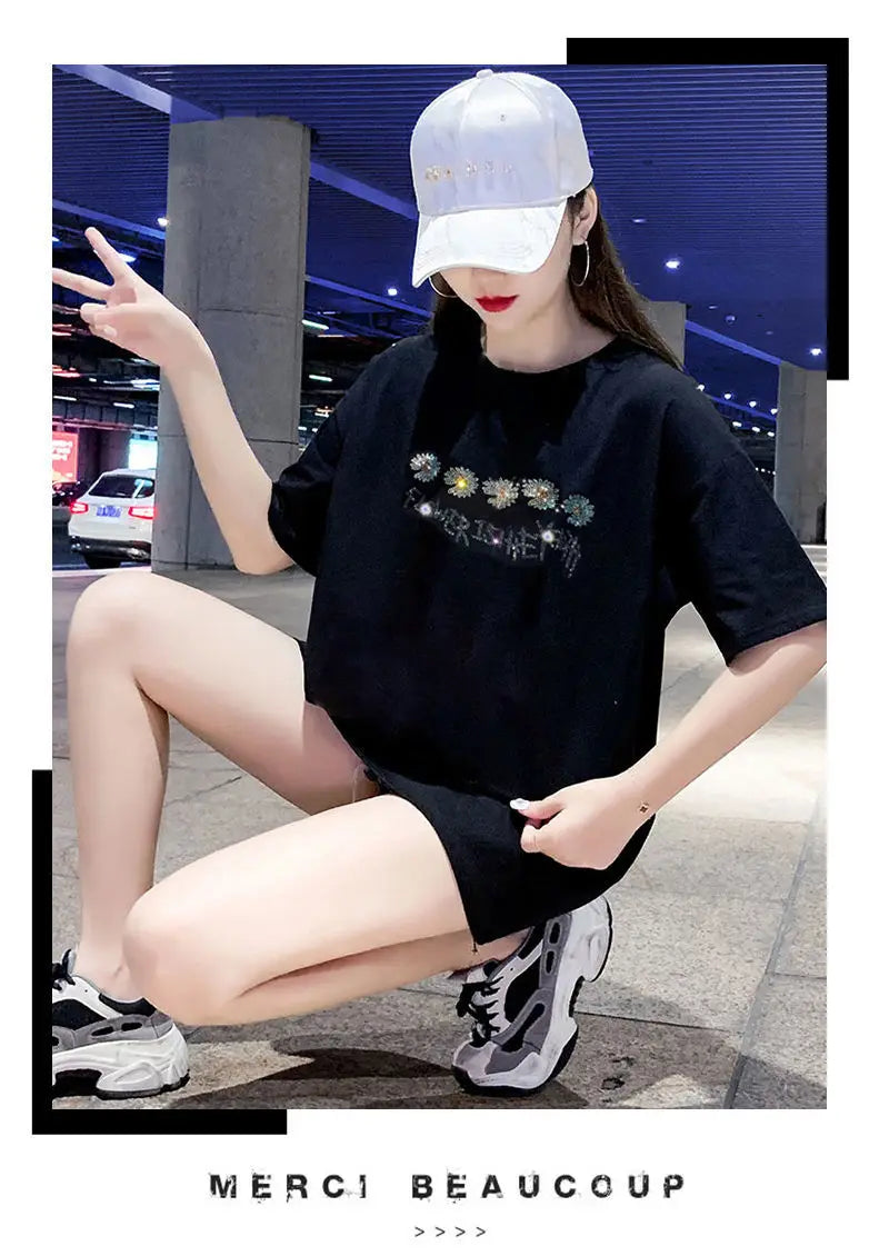 Fashion Women's T-shirt For Summer Short Sleeve Pulovers Midi Loose Clothes Casual Graphic Aesthetic Cotton Tops Korean T Shirt